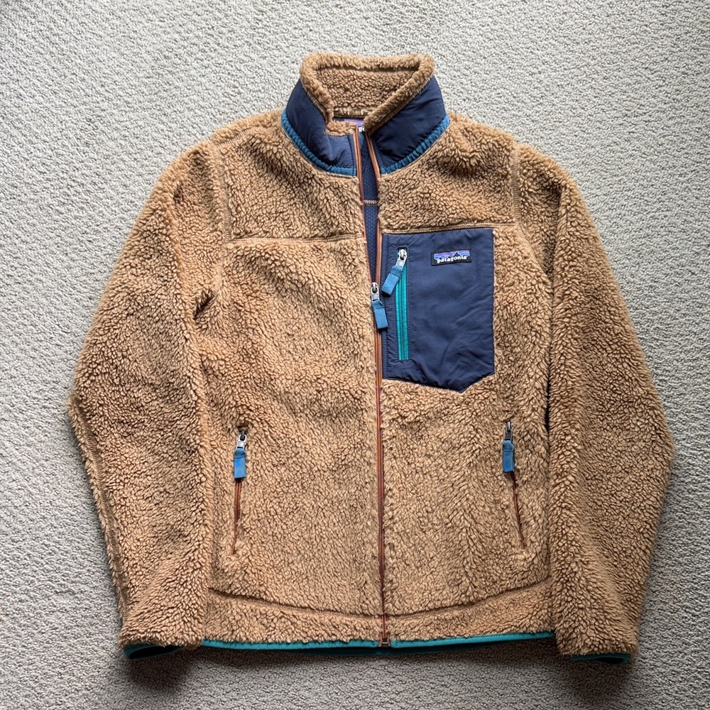 Patagonia Retro-X Tan Fleece Jacket Women’s M – Blue Trim Teddy Coat